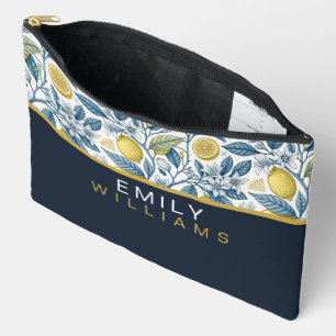 Custom Elegant Mediterranean Lemon Botanical Navy Accessory Pouch