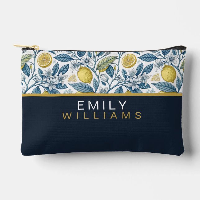 Custom Elegant Mediterranean Lemon Botanical Navy Accessory Pouch (Front)