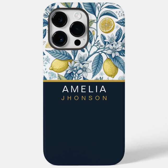 Custom Elegant Mediterranean Lemon Botanical Navy Case-Mate iPhone Case (Back)
