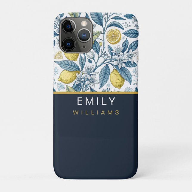 Custom Elegant Mediterranean Lemon Botanical Navy Case-Mate iPhone Case (Back)