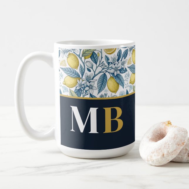 Custom Elegant Mediterranean Lemon Botanical Navy Coffee Mug (With Donut)