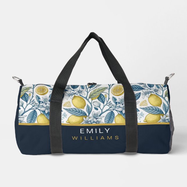 Custom Elegant Mediterranean Lemon Botanical Navy Duffle Bag (Front)