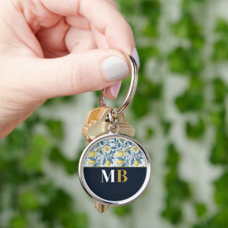 Custom Elegant Mediterranean Lemon Botanical Navy Key Ring