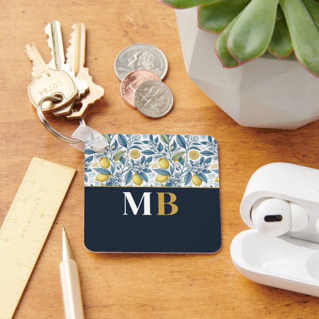 Custom Elegant Mediterranean Lemon Botanical Navy Key Ring (Desk)
