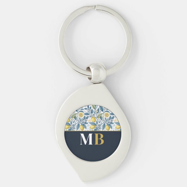 Custom Elegant Mediterranean Lemon Botanical Navy Key Ring (Front)