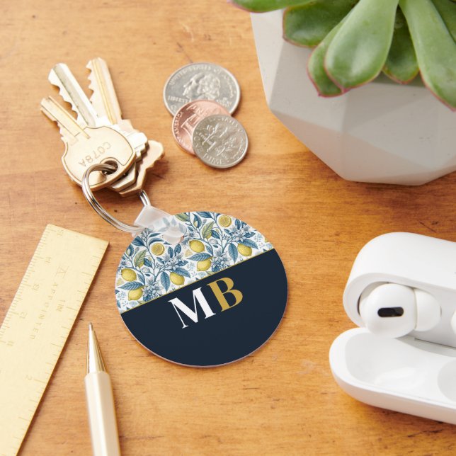 Custom Elegant Mediterranean Lemon Botanical Navy Key Ring (Desk)