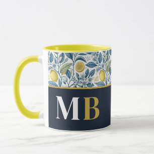 Custom Elegant Mediterranean Lemon Botanical Navy Mug