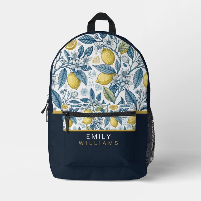 Custom Elegant Mediterranean Lemon Botanical Navy Printed Backpack (Front)