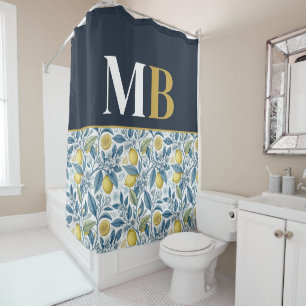 Custom Elegant Mediterranean Lemon Botanical Navy Shower Curtain
