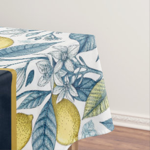 Custom Elegant Mediterranean Lemon Botanical Navy Tablecloth