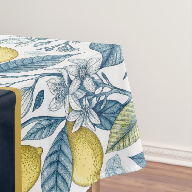 Custom Elegant Mediterranean Lemon Botanical Navy Tablecloth (In Situ)
