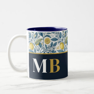 Custom Elegant Mediterranean Lemon Botanical Navy Two-Tone Coffee Mug