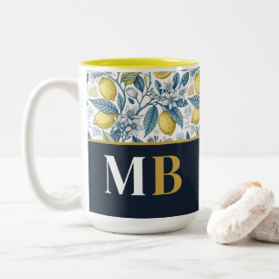 Custom Elegant Mediterranean Lemon Botanical Navy Two-Tone Coffee Mug