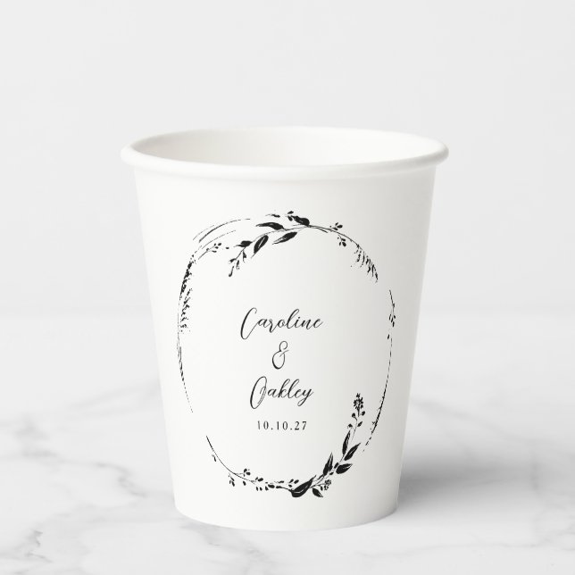 Custom Elegant Minimalist Botanical Modern Wedding Paper Cups (Front)