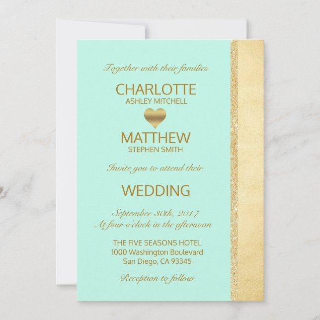 Custom Elegant MINT GOLD Modern Wedding Invitation (Front)