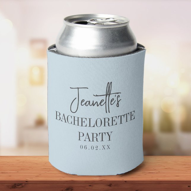 Custom Elegant Modern Bachelorette Party Blue Can Cooler (soda can with a light blue can cooler with elegant bachelorette party text sits on a wooden table.)