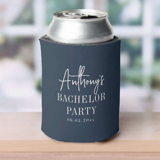 Custom Elegant Modern Cool Bachelor Party Blue Can Cooler (Creator Uploaded)