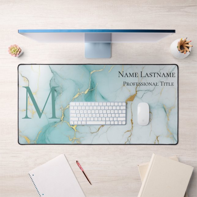 Custom Elegant Monogram Aqua Marble Desk Mat (Office 1)