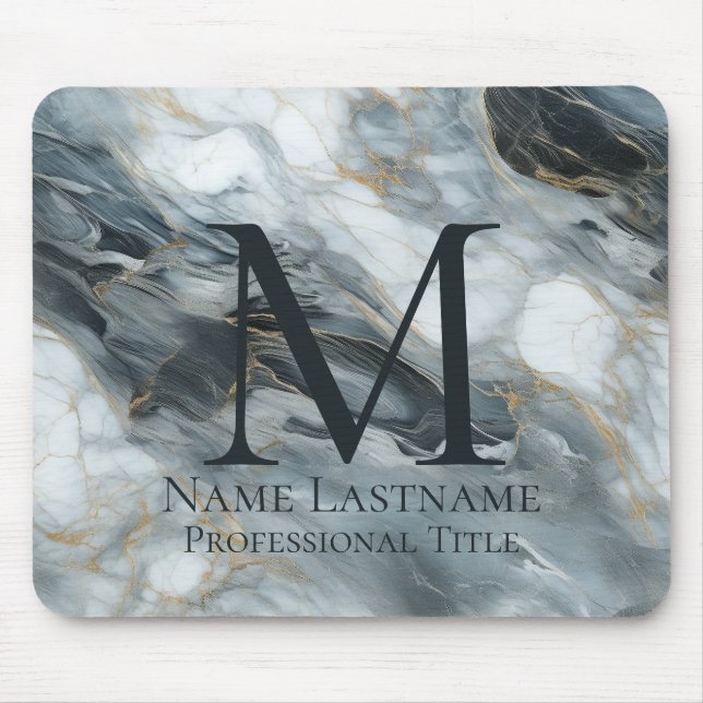Custom Elegant Monogram Blue Grey Black Marble Mouse Mat (Front)