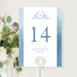 Custom, Elegant Monogram Blue Wedding<br><div class="desc">Help your guests find their table with this elegant monogrammed table number. Double-sided cards. Clear space all around gives you the liberty to use a table holder or frame. Design with an attractive hand-drawn botanical crest monogram in blue and watercolor wash borders in a beautiful blend of blue hues. Ability...</div>