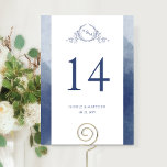 Custom, Elegant Monogram Navy Blue Wedding<br><div class="desc">Help your guests find their table with this elegant monogrammed table number. Double-sided cards. Clear space all around gives you the liberty to use a table holder or frame. Design with an attractive hand-drawn botanical crest monogram in navy blue hues and watercolor wash borders in a beautiful blend of navy...</div>