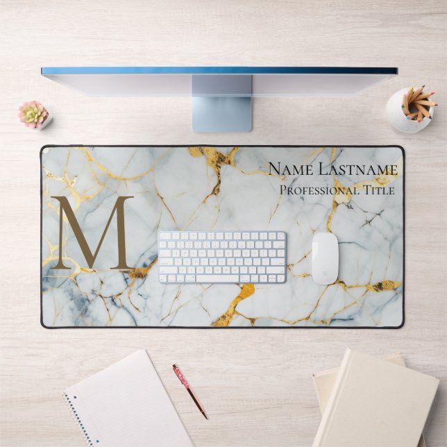 Custom Elegant Monogram White Gold Bronze Marble Desk Mat (Office 1)