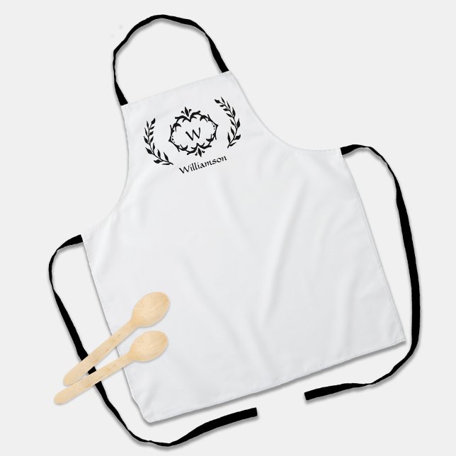 Custom Elegant Monogrammed Crest Logo Black White Apron (Custom Elegant Monogrammed Crest Logo Black White Apron)
