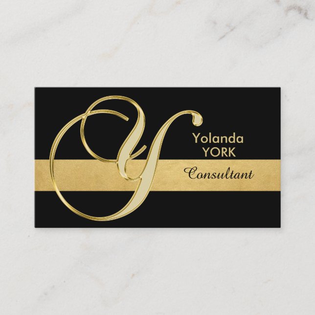 Custom Elegant Monogrammed Gold Black Initial 'Y' Business Card (Front)