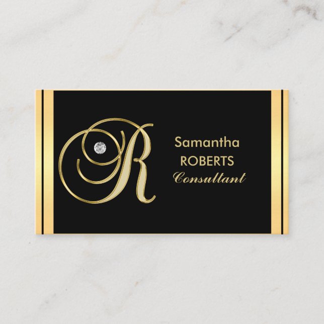 Custom Elegant Monogrammed Gold Black Letter 'R' Business Card (Front)