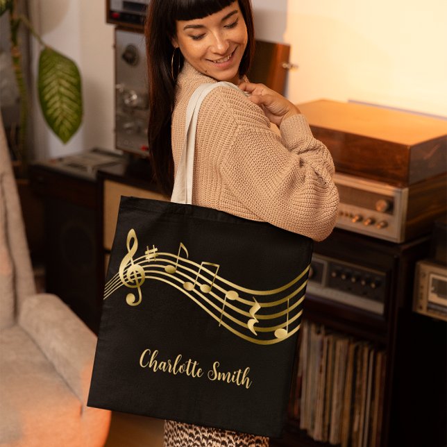 Custom Elegant Music Notes Gold&Black  Tote Bag (Creator Uploaded)