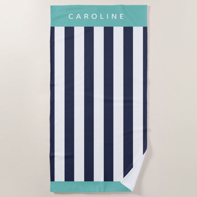 Custom elegant navy blue bold stripe pattern beach towel (Front)
