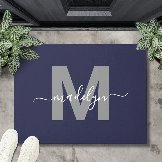 Custom Elegant Navy Blue Monogram Script Name Doormat (Custom Elegant Navy Blue Monogram Script Name Doormat)
