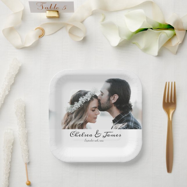 Custom Elegant Photo Calligraphy Wedding Name  Paper Plate (Wedding)