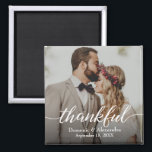 Custom Elegant Photo Thankful Script Wedding Magnet<br><div class="desc">Introducing our Custom Elegant Photo Thankful Script Wedding Magnet, the perfect way to provide your wedding guests with a memorable keepsake. This square magnet allows you to personalise it with your own photo, names, and wedding date, creating a unique and meaningful token of appreciation. By incorporating your photo on the...</div>