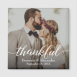 Custom Elegant Photo Thankful Script Wedding Magnet<br><div class="desc">Introducing our Custom Elegant Photo Thankful Script Wedding Magnet, the perfect way to provide your wedding guests with a memorable keepsake. This square magnet allows you to personalise it with your own photo, names, and wedding date, creating a unique and meaningful token of appreciation. By incorporating your photo on the...</div>