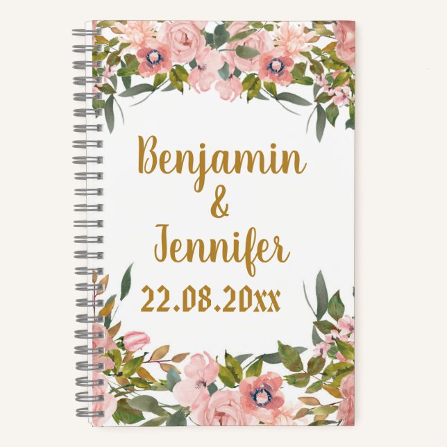 Custom Elegant Pink Floral Greenery Wedding Favour Notebook (Front)