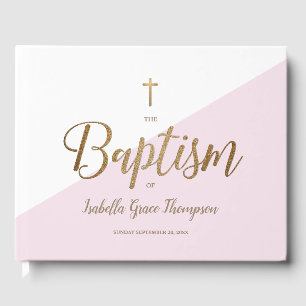 Custom Elegant Pink gold Cross Baby Baptism Guest Book