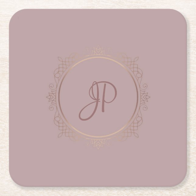 Custom Elegant Rose Gold Monogram Template Square Paper Coaster (Front)
