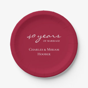 Custom Elegant Ruby 40th Wedding Anniversary Party Paper Plate