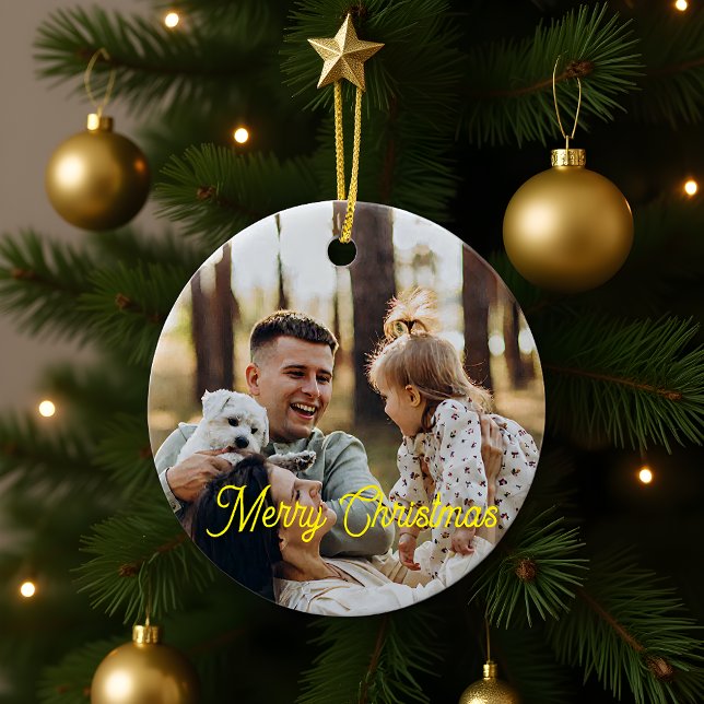 Custom Elegant Script 2-Sided Photo Christmas  Ceramic Tree Decoration (Creator Uploaded)