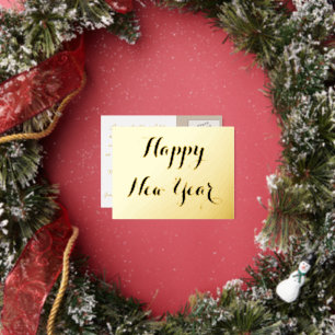 Custom Elegant Script Happy New Year Faux Gold Foil Invitation Postcard