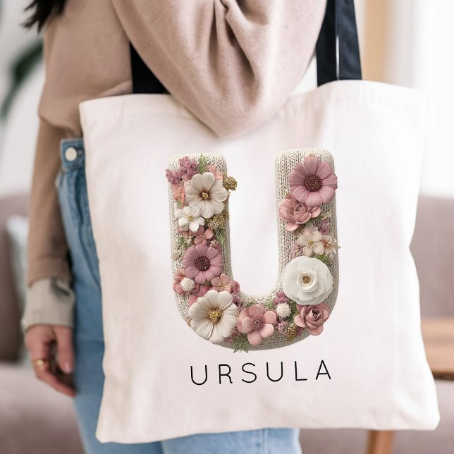 Custom Elegant Script Initial Floral Graduation Tote Bag (personalized gift for teacher,  boho bridesmaid proposal gift bag, personalized bridal shower favor)