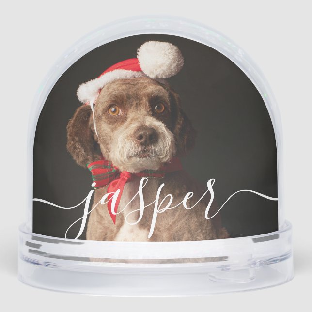 Custom Elegant Script Modern 2 Photo Pet Dog Snowglobe (Back)