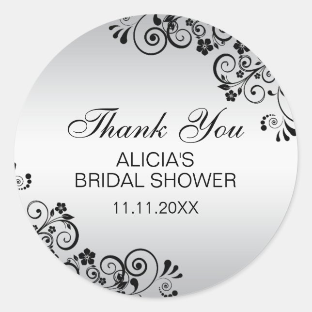 Custom Elegant Silver Bridal Shower Thank You Classic Round Sticker (Front)