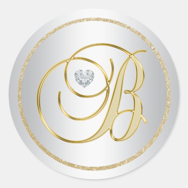 Custom Elegant Silver Gold Monogrammed 'B' Wedding Classic Round Sticker (Front)