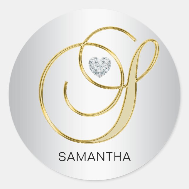 Custom Elegant Silver Gold Monogrammed Initial S Classic Round Sticker (Front)