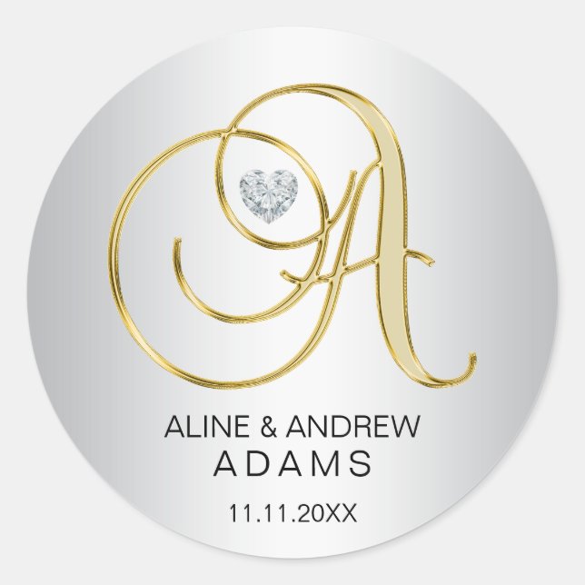 Custom Elegant Silver Gold Monogrammed Wedding Classic Round Sticker (Front)