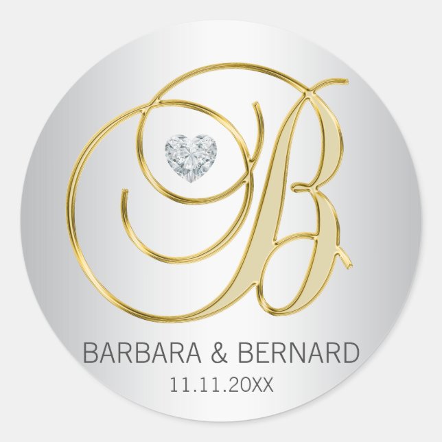 Custom Elegant Silver Gold Monogrammed Wedding Classic Round Sticker (Front)