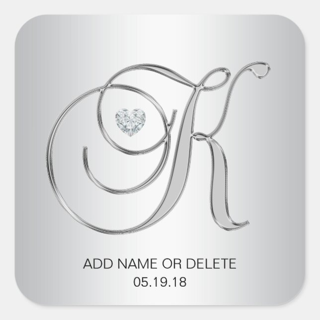 Custom Elegant Silver Monogrammed Initial Letter K Square Sticker (Front)