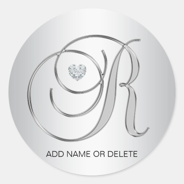 Custom Elegant Silver Monogrammed Initial Letter R Classic Round Sticker (Front)